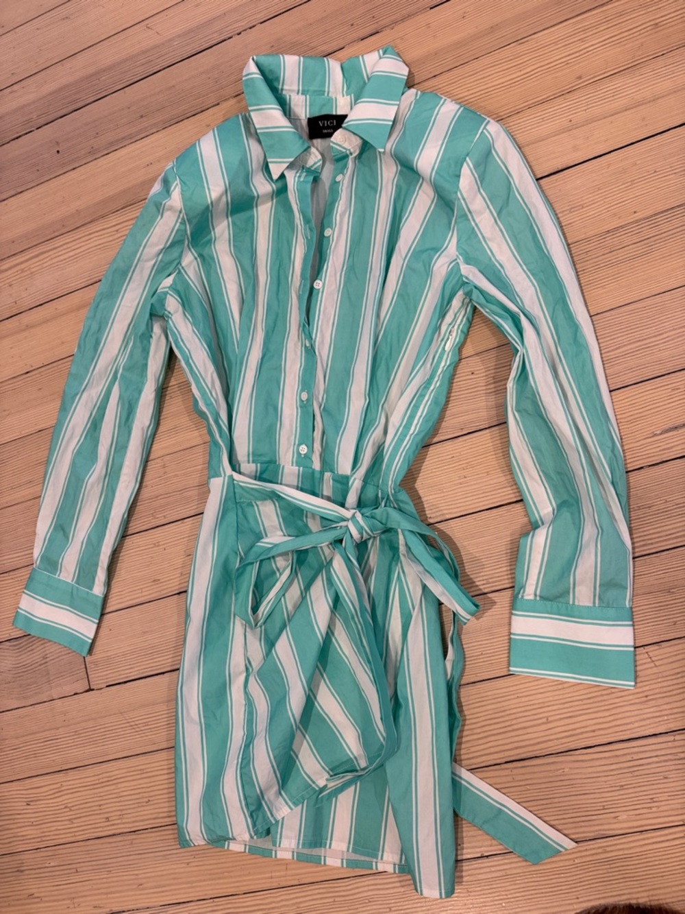 VICI Aqua and White Striped Button-Front Tie-Waist Long Sleeve Dress
